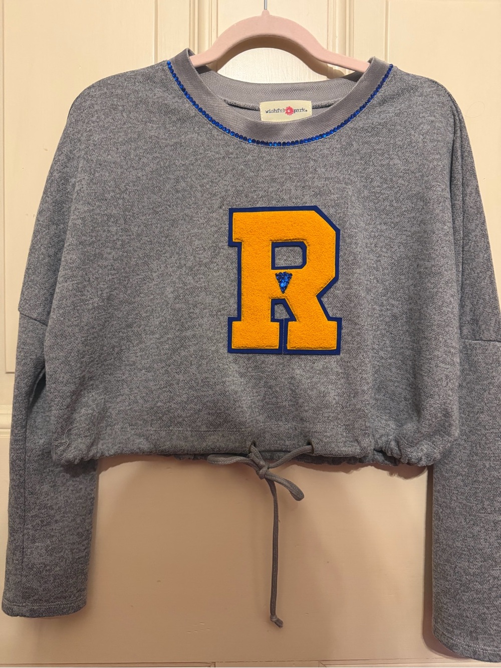 Gray Crop Sweatshirt with "R" Varsity Letter and Blue Rhonestones | Medium